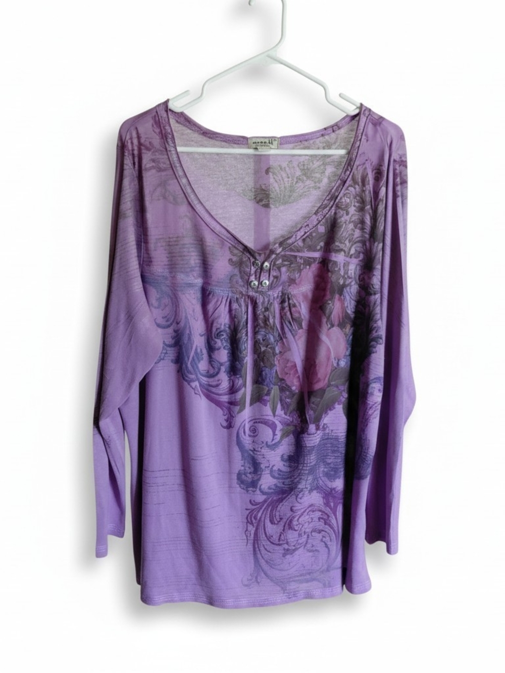 ONE WORLD Lavender Purple Floral V-Neck Long Sleeve Tee